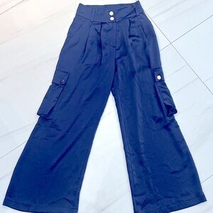 Ramy Brook Silky Satin Deep Blue Wide Leg Cargo Pants 00
